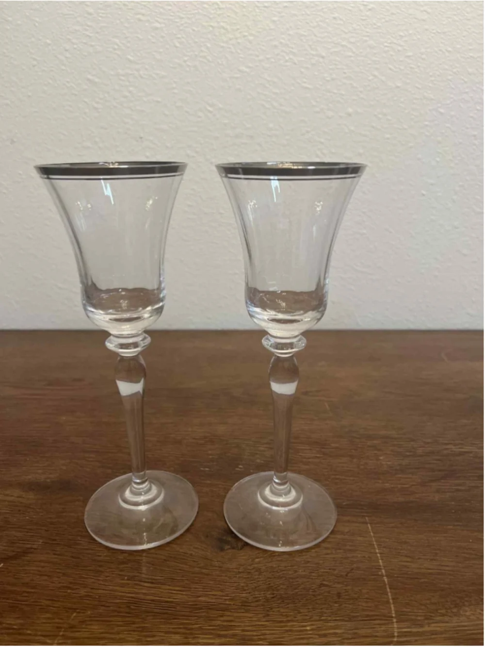 Pair of Vintage Silver Rimmed Crystal Stem Glasses 8.5” Tall Elegant Barware